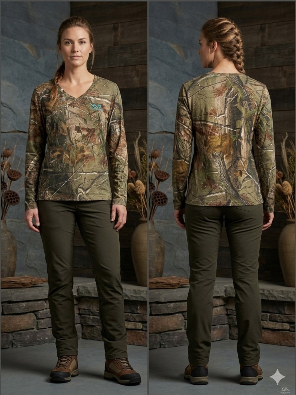 Realtree Camouflage Long Sleeve V-Neck Top Woman's Size L/G